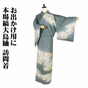 本場縞大島紬 訪問着 袷 正絹 緑 ベージュ暈し 笹 17号 Mサイズ ki28508 新品 着物 kimono レディース シルク ギフト 限定品 送料込み