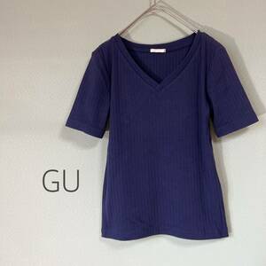 ◎G.U. ジーユー リブカットソー カットソー 半袖カットソー レディース Sサイズ ネイビー色