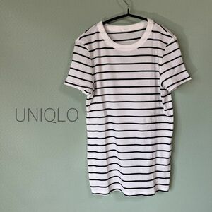 ◎UNIQLO ユニクロ クルーネックリブTシャツ 半袖カットソー カットソー ボーダーカットソー レディース Mサイズ相当 白