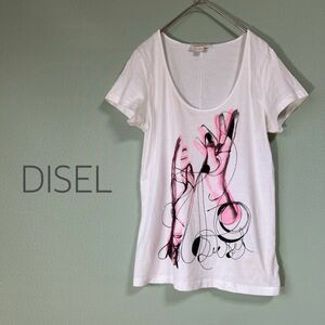 *DIESEL diesel short sleeves T-shirt print T-shirt white lady's S size cotton 100%