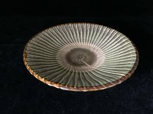 N0885-80/ おんた 小鹿田焼 飾り皿 大皿 トビカンナ 25cm 陶磁器