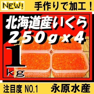 2023年新物!天然秋鮭イクラ北海道十勝産いくら醤油漬け1kg(250gx4)永原水産★冷凍送料10kgまで北海道850円+税 青森～九州1,450円+税(数量8)