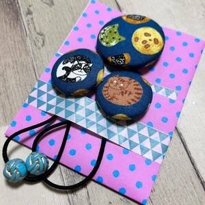 ハンドメイドヘアアクセサリー handmade くるみボタンのヘアゴム 親子ペア　猫ちゃん　和菓子　お煎餅