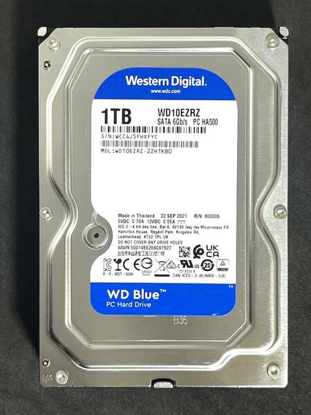 【送料無料】　★ 1TB ★　WD Blue　/　WD10EZRZ　【使用時間：8355ｈ】　2021年製　Western Digital Blue　良品　3.5インチ 内蔵HDD