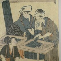 【 恵 #0899】 江戸期 木版画  「歌麿筆」 女織蚕手業草図 浮世絵 美人画 額入り_画像4