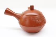  常滑焼 北龍 朱泥 花彫 大型 急須 茶道具 煎茶道具 茶注 椿 牡丹 花文_画像2