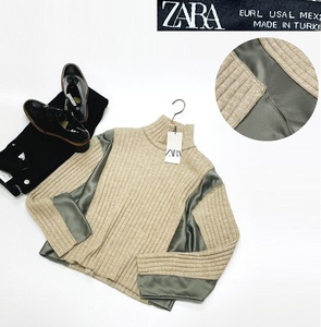 未使用品 /L/ ZARA ベージュ 切替長袖ハイネックセーターレディース タグ カジュアル トップス 通勤 フェミニン 大人可愛い デイリー ザラ