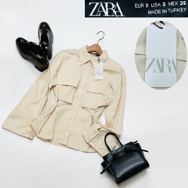 未使用品 /S/ ZARA アイボリー 長袖ボタンカラーシャツ レディース タグ カジュアル羽織り通勤フェミニン大人可愛いトップス デイリー ザラ