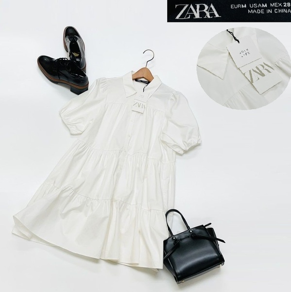 未使用品 /M/ ZARA ホワイト 半袖フレアシャツワンピース レディース タグ カジュアル フェミニン 大人可愛い白 ガーリー デイリー ザラ