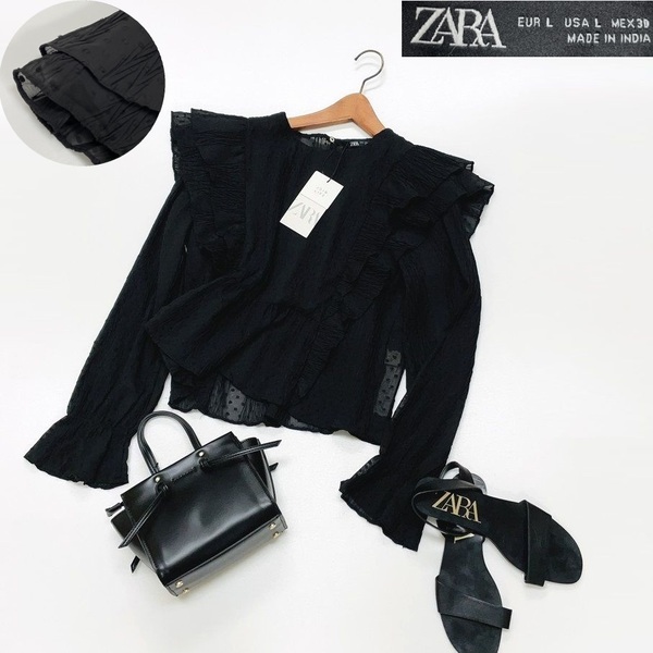 未使用品 /L/ ZARA ブラック フリルブラウス レディース タグ カジュアル トップス 透け感 ドット水玉 フェミニン 大人可愛いデイリー ザラ