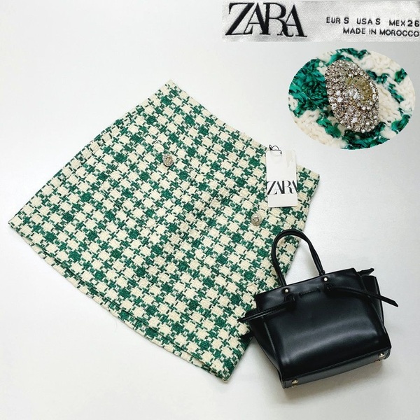 未使用品 /S/ ZARA グリーン系 ミニスカート レディース タグ カジュアル ボトム ジュエリー ボタン フェミニン 大人可愛い デイリー ザラ