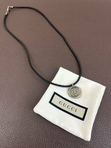 ◎★GUCCI グッチ ネックレス ペンダント クレスト シルバー 925刻印有り レザーチェーン ブラックカラー メンズ 保管袋付き