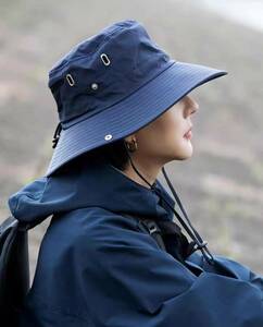  adventure hat UV cut safari hat outdoor man and woman use . manner rope attaching super light weight sunshade navy 