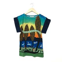 良好◆tsumori chisato ツモリチサト 半袖カットソー サイズ2◆ マルチカラー ウール レディース スワン 総柄 夕暮れ風景 トップス_画像1