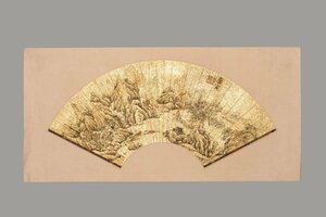 【清】某有名収集家買取品「唐寅書」中国明時代画家 金箔紙【山水図・扇面】肉筆保証 扇面 中国画 墨寶妙品 中国書道 LC　