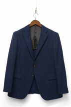 T187/美品 Perfect Suit FActory セットアップ スーツ テーラードジャケット ジレ ベスト パンツ ストライプ 2つ釦 背抜き 98BB5 M~L 紺_画像2