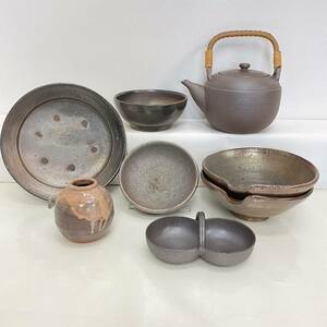 746 陶器 美品 備前焼 茶器 急須 花器 一輪挿し 茶碗 片口 鉢 向付 皿 8個セット まとめて