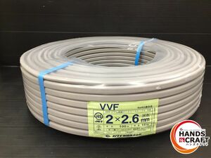 ▼カワイ電線 VVFケーブル 2×2.6ｍｍ 1巻 未使用品 600V 平形 灰色 100ｍ 2022年3月8日製造 【中古】