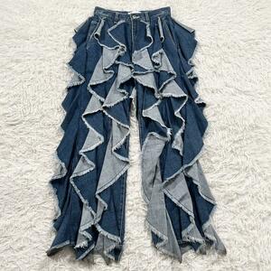 [ beautiful goods ]BELPERla full Denim deformation casual bell pa- frill indigo blue jeans beautiful eyes casual mode 