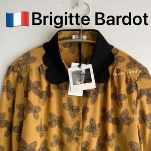 Brigitte Bardot ブリジット・バルドー　バタフライ柄　シャツ　スカラップカラー　蝶　蝶々　蝴蝶　S フランス　タグ