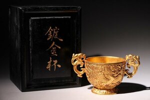 ☆寒椿☆鍍金杯　花鳥紋　高さ約6cm　(検)鳳凰 銅金彫 唐物 中国美術 古玩