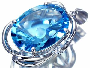 1円～【ジュエリー極】特殊カット！良質天然ブルートパーズ16.57ct＆ダイヤモンド 高級Pt900ペンダントヘッド h6252ku【送料無料】