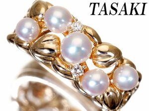 1円～【ジュエリー極】TASAKI 美麗な艶と照り！極上アコヤ真珠4.2mm~3.2mm珠＆ダイヤモンド0.03ct 高級K18YGリング k7846or【送料無料】