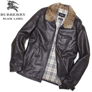 イングランド産ラムレザー！L(3) バーバリーブラックレーベル ノバチェック ラビットファー付 ライダースジャケット■BURBERRY BLACK LABEL