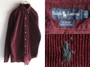 希少 90sビンテージ Ralph Lauren ラルフローレン BLARE ポロポニーロゴ刺繍 コーデュロイ BDシャツ S バーガンディ USA企画 RN41381正規品