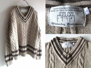 英国製 Oldderby Knitwear オールドダービーニットウェア 厚手ウール Vネック ワイドシルエット ケーブルニット チルデンニット L 男女着可