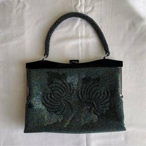 ビーズバッグ 緑 花 菊 がま口 昭和 日本製 Japanese beads, vintage purse handbag