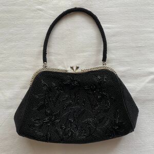 ビーズバッグ 黒 花柄 シルバー がま口 昭和 日本製 Japanese beads, vintage purse handbag