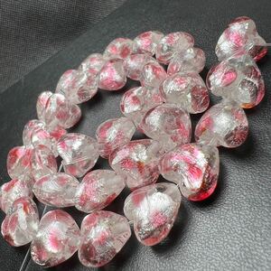 蓄光 ホタルガラス 12mm ハート型 連売り 33粒 クリアピンク とんぼ玉 とんぼガラス