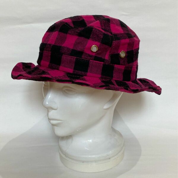【未使用品】チェック　ハット　針金入り　ピンク×黒　ブロックチェック　帽子　HAT-5