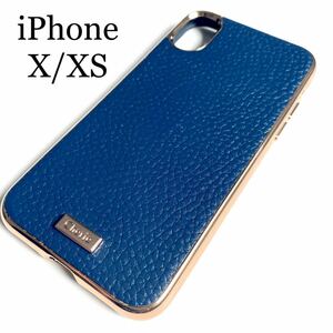 iPhone X/XS for open type case * the back side elegant leather * side pink gold plating *ELECOM* navy 