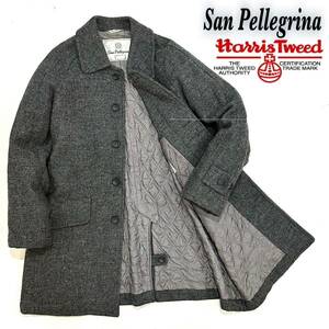 美品!!San Pellegrino Harris Tweed 中綿入り ツイード ステンカラー コート(M)グレー メンズ アウター スーツ 紳士服