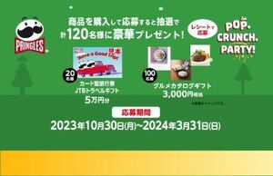 レシート懸賞 カード型 旅行券 JTB トラベルギフト 5万円分 20 名様 リンベル カタログギフト 3000円相当 プリングルズ プリングルス