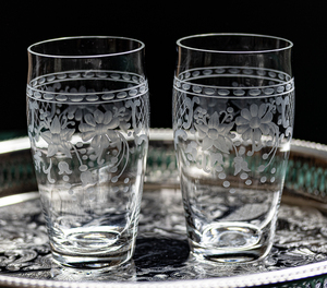ビンテージ フラワー エッチング タンブラー ジュースグラス 2個セット 酒 ビール カクテルグラス
