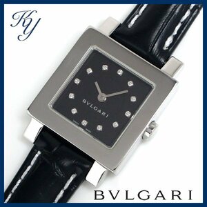 送料無料 3ヶ月保証付き 磨き済み 美品 本物 人気 BVLGARI ブルガリ クアドラード SQ22SL ダイヤ 革ベルト ブラック レディース 時計