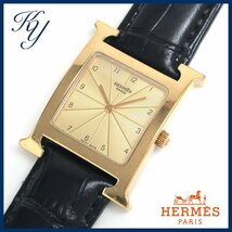 送料無料 価格高騰 3ヶ月保証付き 本物 定番 人気 HERMES エルメス Hウォッチ HH1.501 GP 革ベルト メンズ 時計_画像1