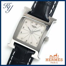 送料無料 価格高騰 3ヶ月保証付き 美品 本物 定番 人気 HERMES エルメス Hウォッチ HH1.210 革ベルト レディース 時計_画像1