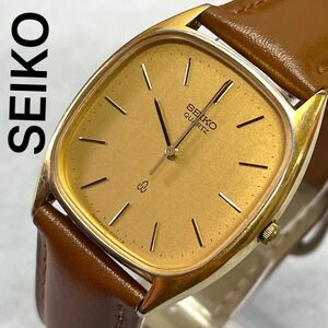 稼働　良品　SEIKO シャリオ　メンズ腕時計　セイコー　クォーツ　メンズ　ゴールド　丸スクエア　バー　3針　90年代　新品ブレス