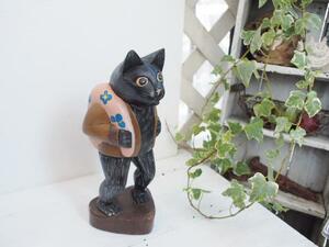 ビンテージバリ島面白木彫り＊さすらいの旅ネコ☆猫置物飾りインテリア