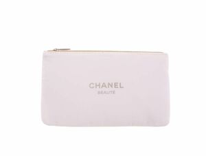 【Used 開封品】シャネル CHANEL BEAUTE ノベルティ コスメポーチ フラットポーチ スリム ファスナー開閉 ホワイト 内生地レッド 箱なし