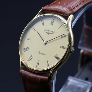 LONGINES ロンジン クオーツ ゴールドカラー文字盤 ラウンドケース 2針 スイス製 新品革ベルト メンズ腕時計