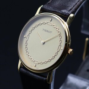 TISSOT ティソ クォーツ E168 デイト ゴールドカラー ラウンド 2針 ジャンク 純正革ベルト スイス製 アンティーク 箱/保 メンズ