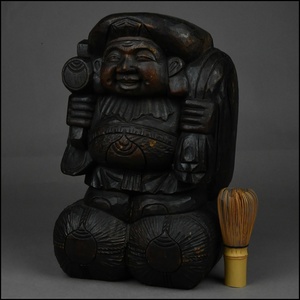 仏教美術 時代物 木造 木彫 大黒天 彫刻 置物 七福神 縁起物 古美術品 高さ30.5cm K-51127