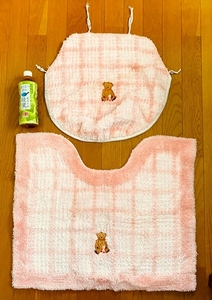  toilet mat cover cover washing for 2 point set teddy bear embroidery pink check pattern .. cover cover cover cover including in a package possible 