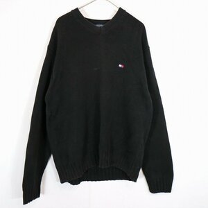 90年代 TOMMY HILFIGER トミーヒルフィガー Vネックセーター 胸元ワンポイントロゴ 無地 ブラック (メンズ L) O0875 /1円スタート