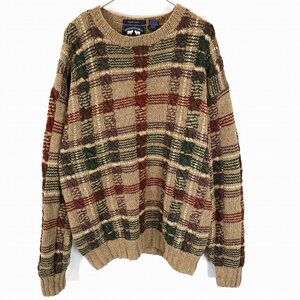 WOODS&GRAY シルク ケーブルニット 防寒 カジュアル チェック ブラウン (メンズ M) O1039 /1円スタート